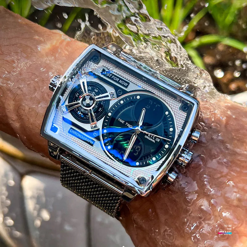 GOLDENHOUR Men's Square Watch Multi functional Large dial Personalized Trend Versatile Square Case Watch