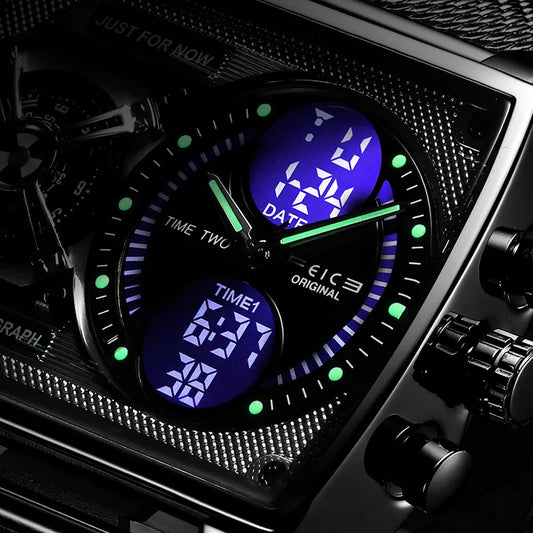 GOLDENHOUR Men's Square Watch Multi functional Large dial Personalized Trend Versatile Square Case Watch