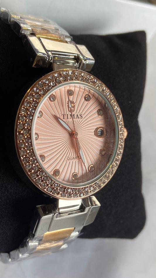 Timex E Class Women's Rose Gold Dial Round Case Multifunction Function Watch